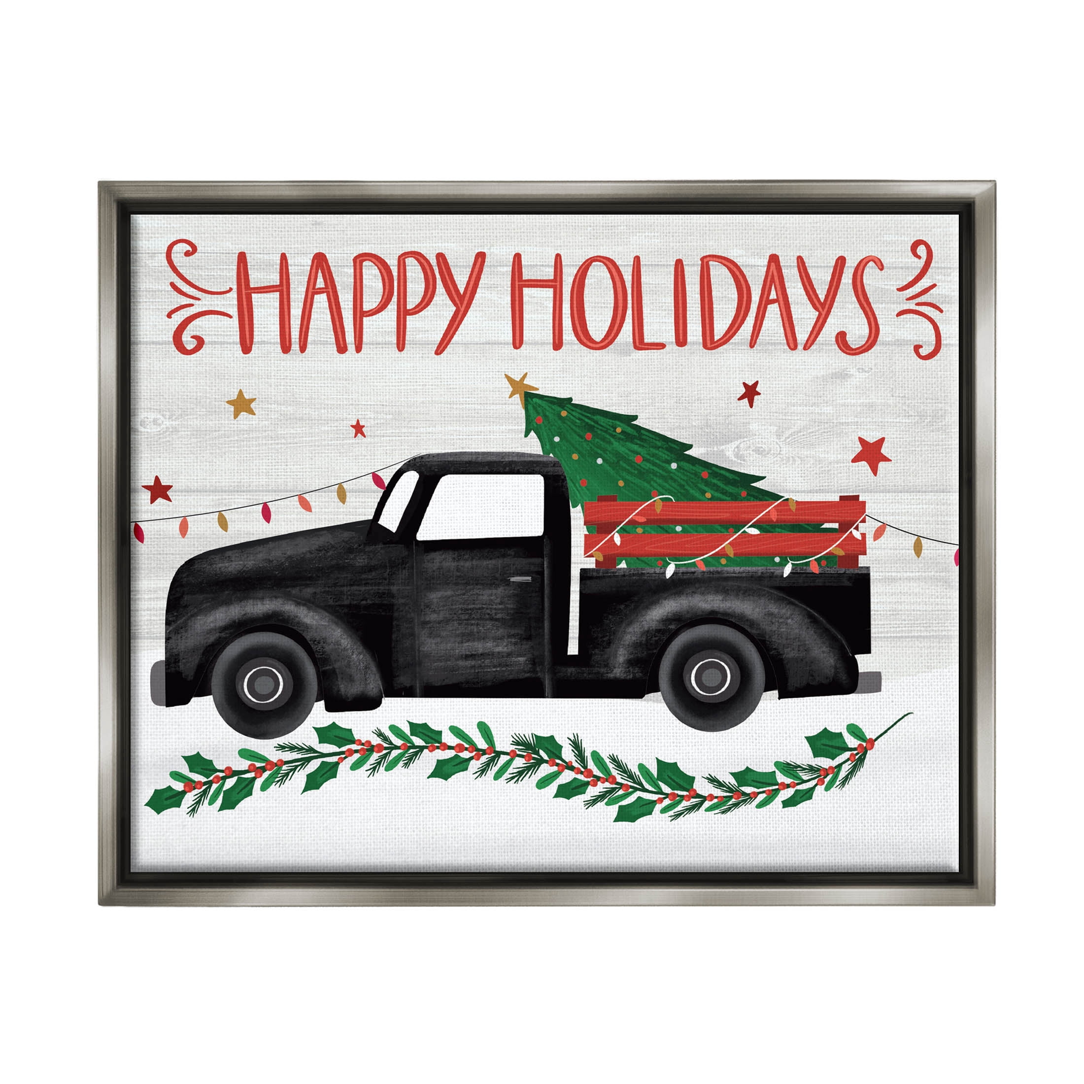 Happy Holidays Christmas Tree Truck Holiday Graphic Art Luster Gray Framed Art Print Wall Art