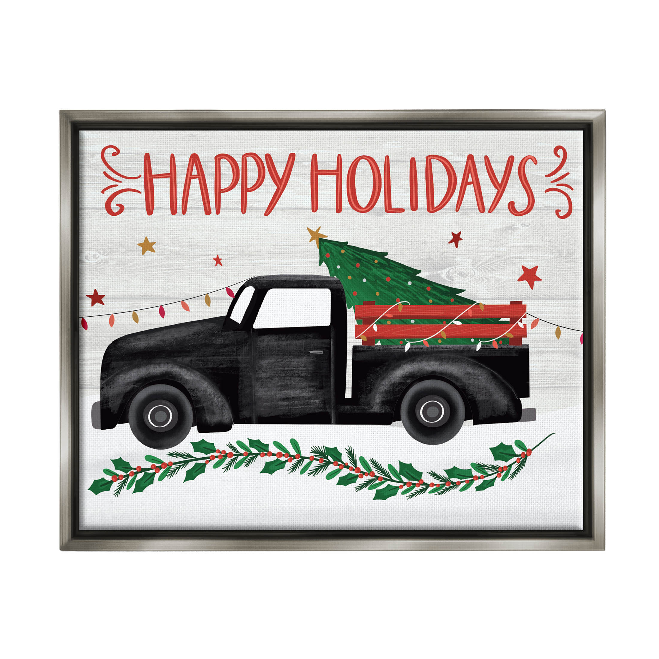 Happy Holidays Christmas Tree Truck Holiday Graphic Art Luster Gray Framed Art Print Wall Art