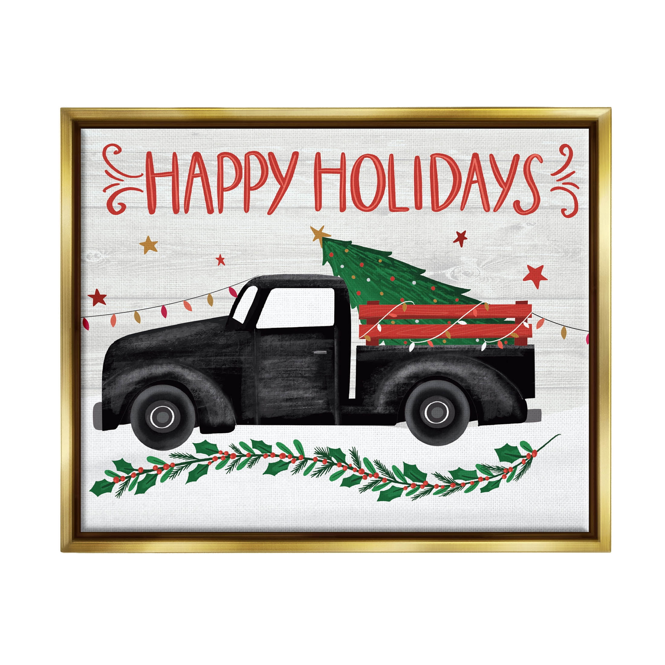 Happy Holidays Christmas Tree Truck Holiday Graphic Art Metallic Gold Framed Art Print Wall Art