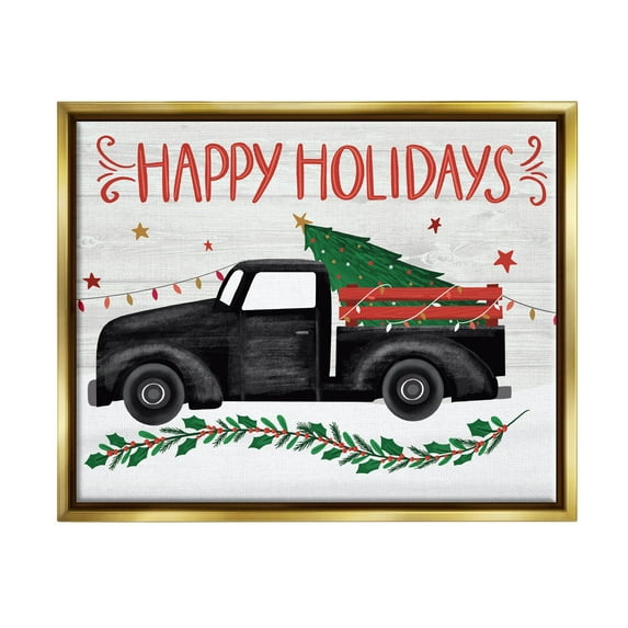 Happy Holidays Christmas Tree Truck Holiday Graphic Art Metallic Gold Framed Art Print Wall Art