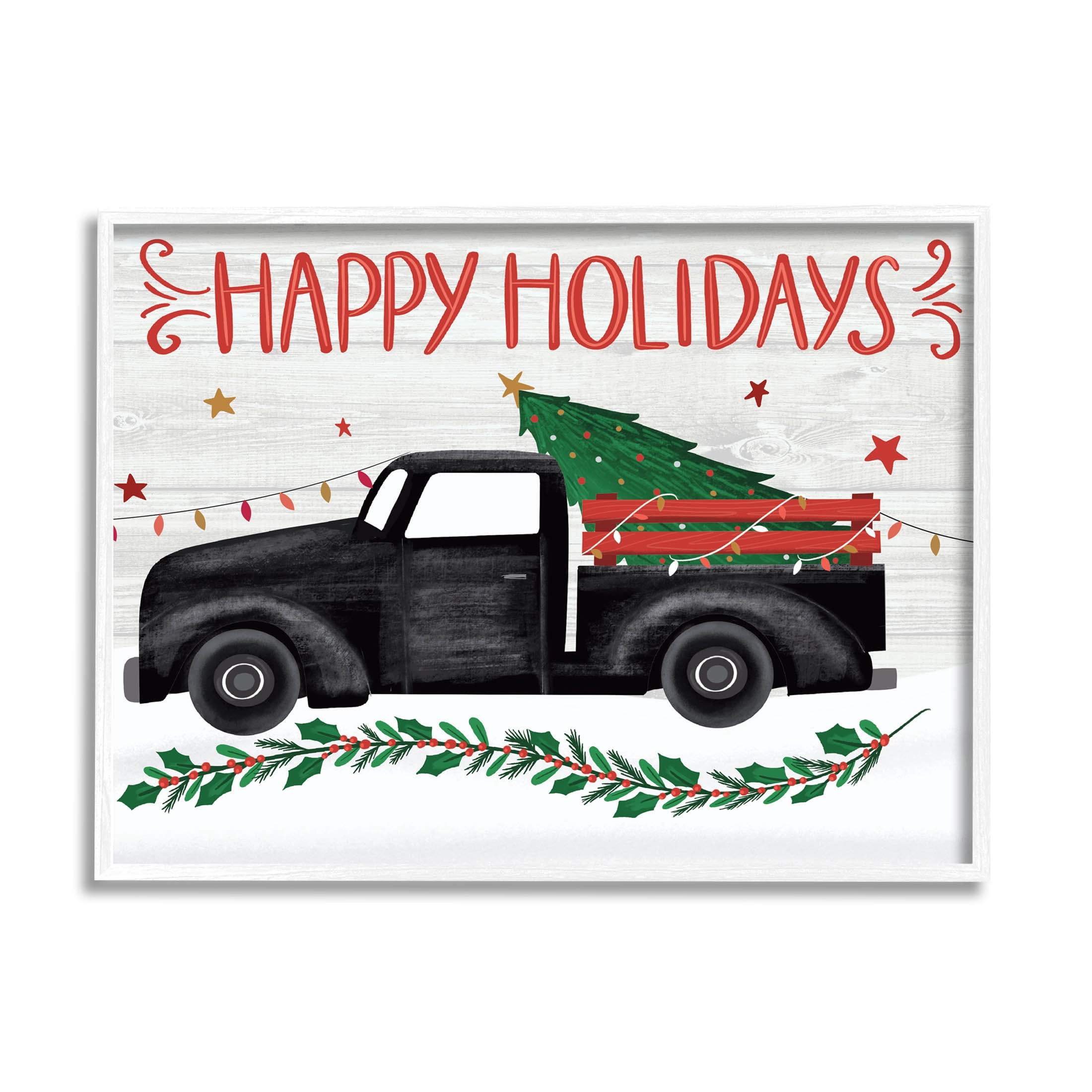 Happy Holidays Christmas Tree Truck Holiday Graphic Art White Framed Art Print Wall Art