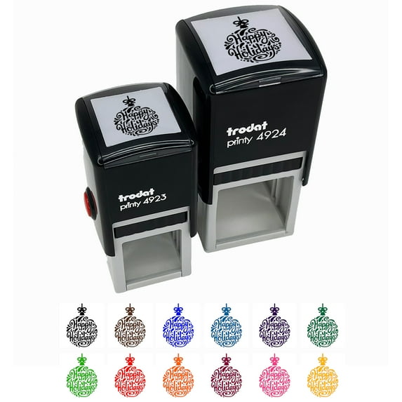 Happy Holidays Cursive on Ornament Christmas Self-Inking Rubber Stamp Ink Stamper - Pink Ink - Small 1 Inch