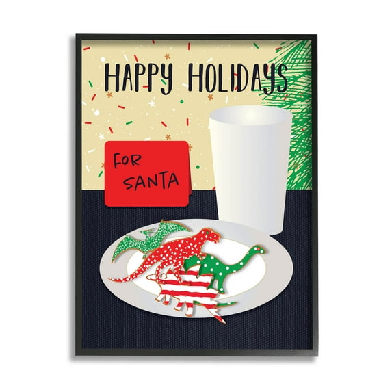 Happy Holidays Dinosaur Santa Cookies Holiday Graphic Art Black Framed Art Print Wall Art