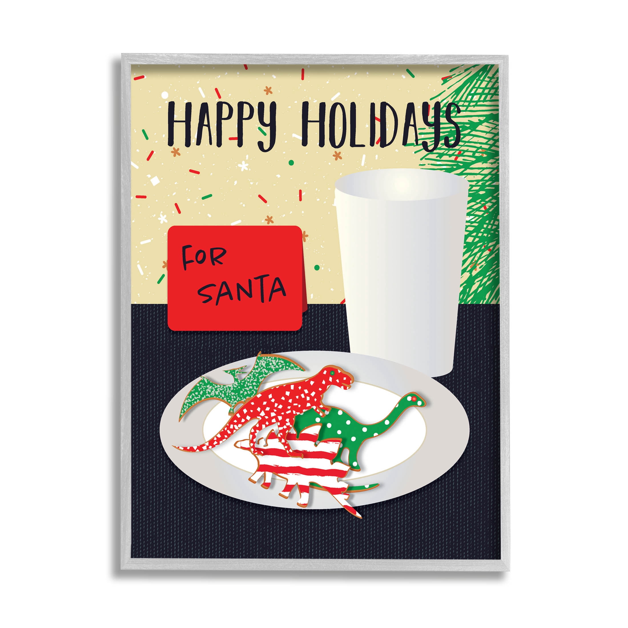 Happy Holidays Dinosaur Santa Cookies Holiday Graphic Art Gray Framed Art Print Wall Art