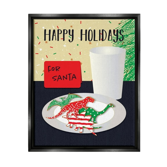 Happy Holidays Dinosaur Santa Cookies Holiday Graphic Art Jet Black Framed Art Print Wall Art