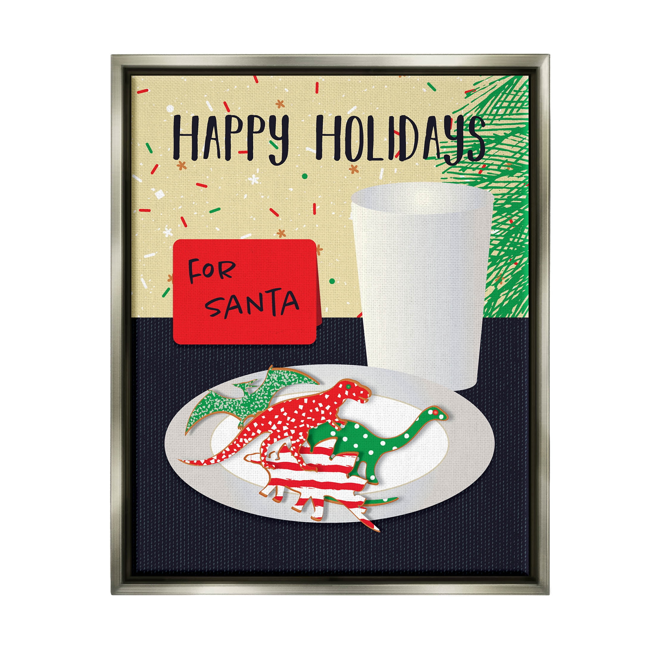Happy Holidays Dinosaur Santa Cookies Holiday Graphic Art Luster Gray Framed Art Print Wall Art