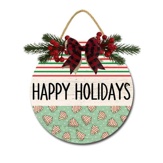 Happy Holidays Door Hanging Sign 11 inch Wooden Wall Sign, Rustic Holiday Wreath Decor for Front Door Porch Home Window Wall Farmhouse Decorations
