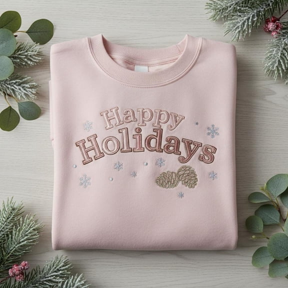 Happy Holidays Embroidered Sweatshirt, Neutral Christmas Crewneck, Holiday Greeting Sweater, Aesthetic Winter Embroidery Gift