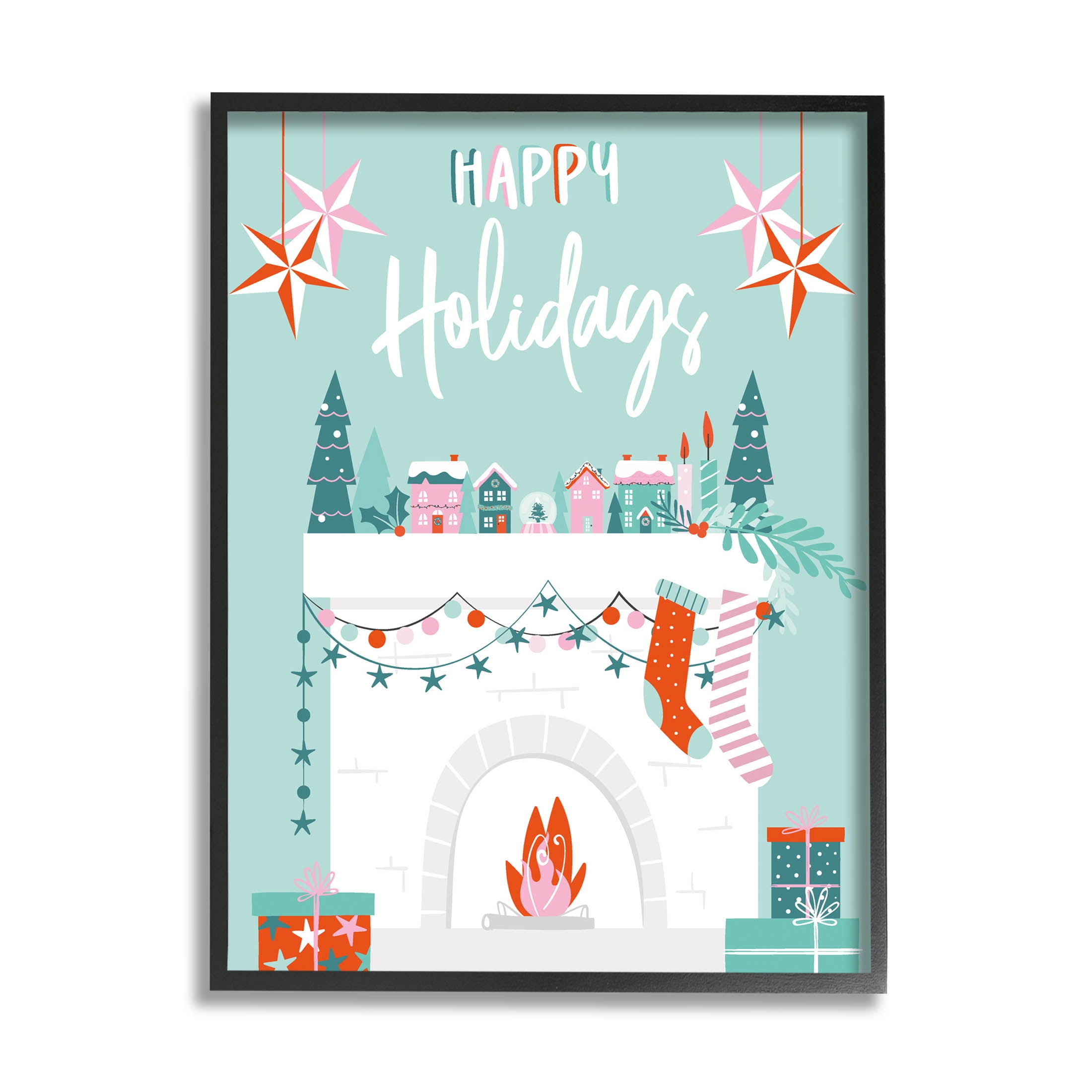 Happy Holidays Festive Mantle Stockings Holiday Graphic Art Black Framed Art Print Wall Art
