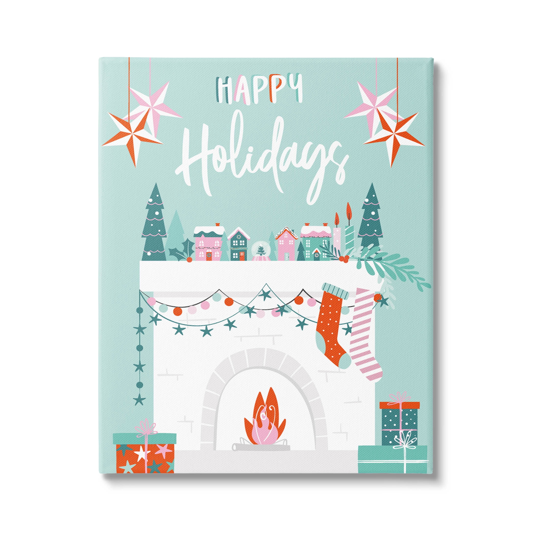 Happy Holidays Festive Mantle Stockings Holiday Graphic Art Gallery Wrapped Canvas Print Wall Art