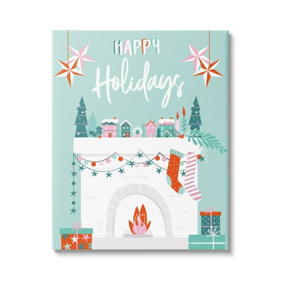 Happy Holidays Festive Mantle Stockings Holiday Graphic Art Gallery Wrapped Canvas Print Wall Art