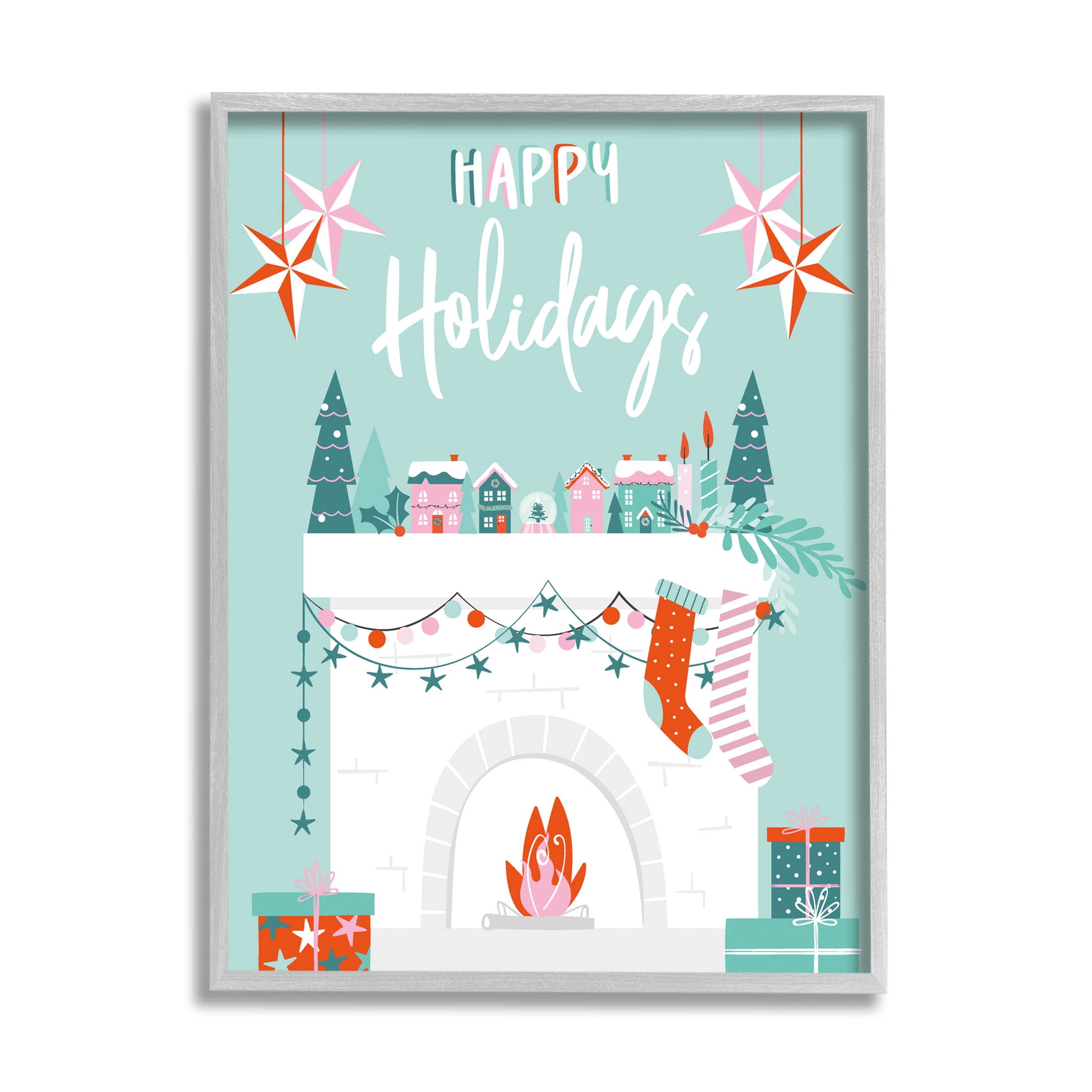 Happy Holidays Festive Mantle Stockings Holiday Graphic Art Gray Framed Art Print Wall Art