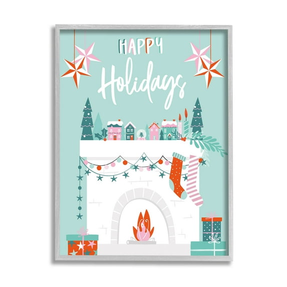 Happy Holidays Festive Mantle Stockings Holiday Graphic Art Gray Framed Art Print Wall Art