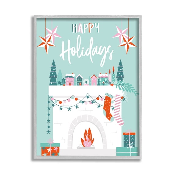 Happy Holidays Festive Mantle Stockings Holiday Graphic Art Gray Framed Art Print Wall Art