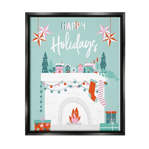 Happy Holidays Festive Mantle Stockings Holiday Graphic Art Jet Black Framed Art Print Wall Art