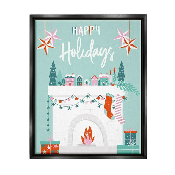 Happy Holidays Festive Mantle Stockings Holiday Graphic Art Jet Black Framed Art Print Wall Art