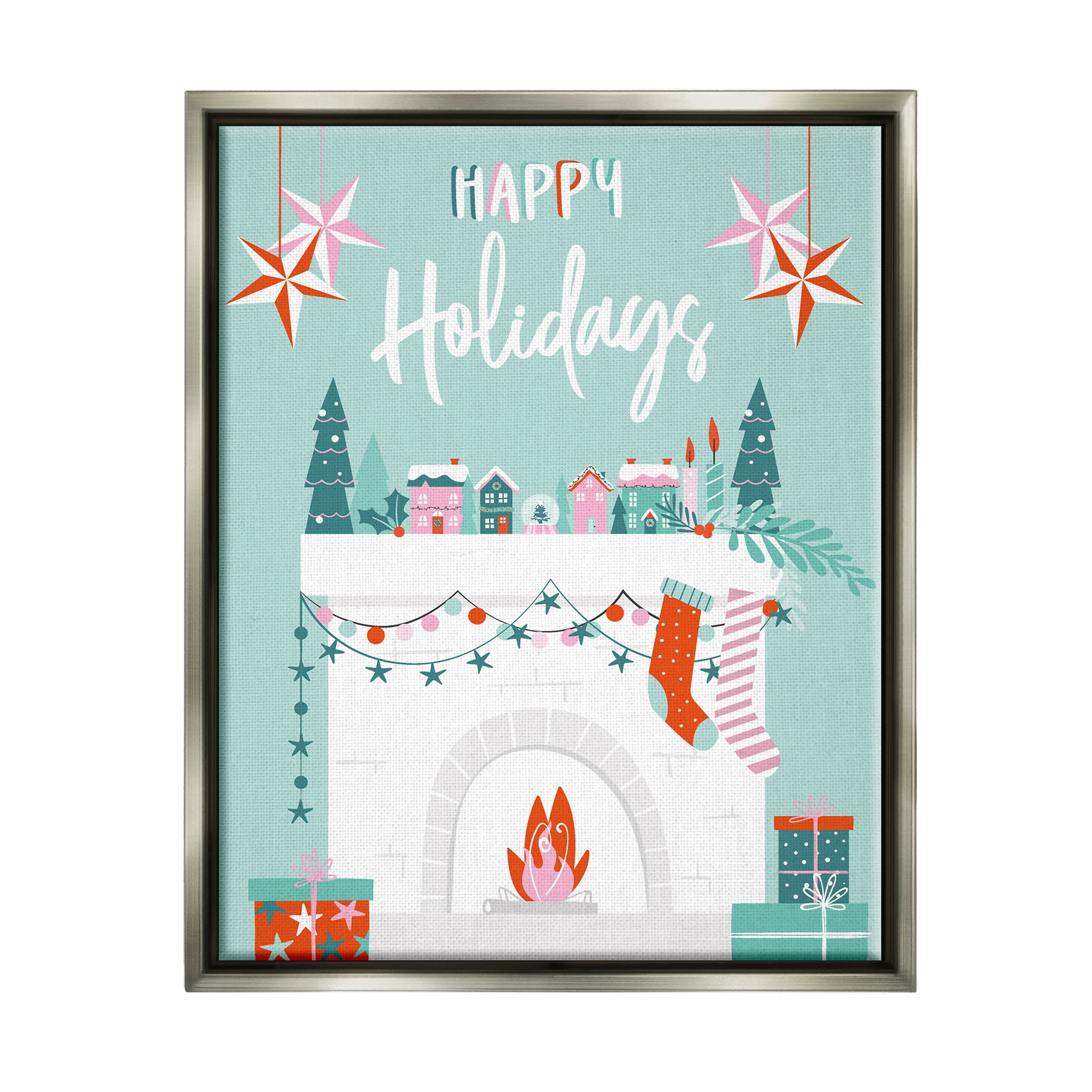 Happy Holidays Festive Mantle Stockings Holiday Graphic Art Luster Gray Framed Art Print Wall Art