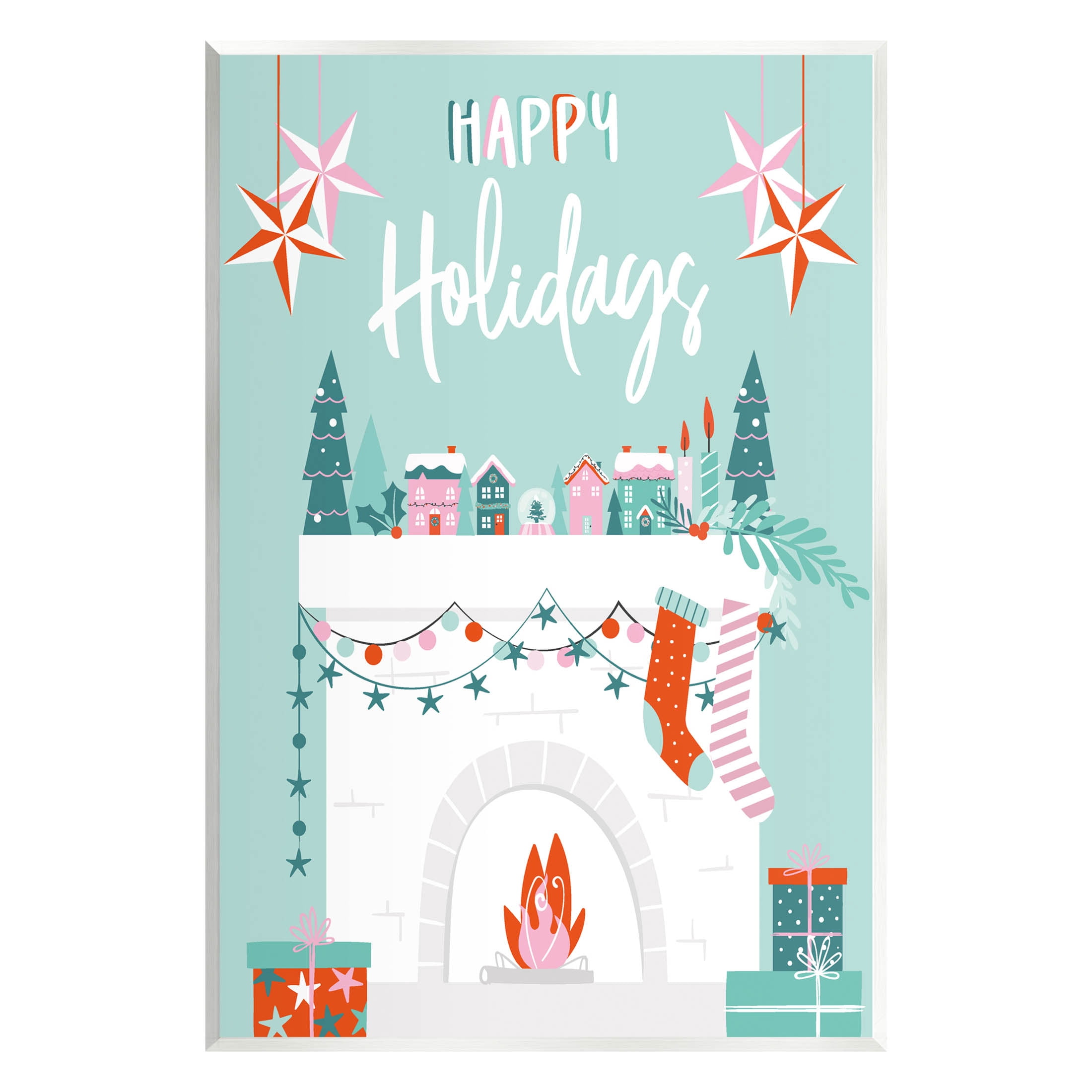 Happy Holidays Festive Mantle Stockings Holiday Graphic Art Unframed Art Print Wall Art