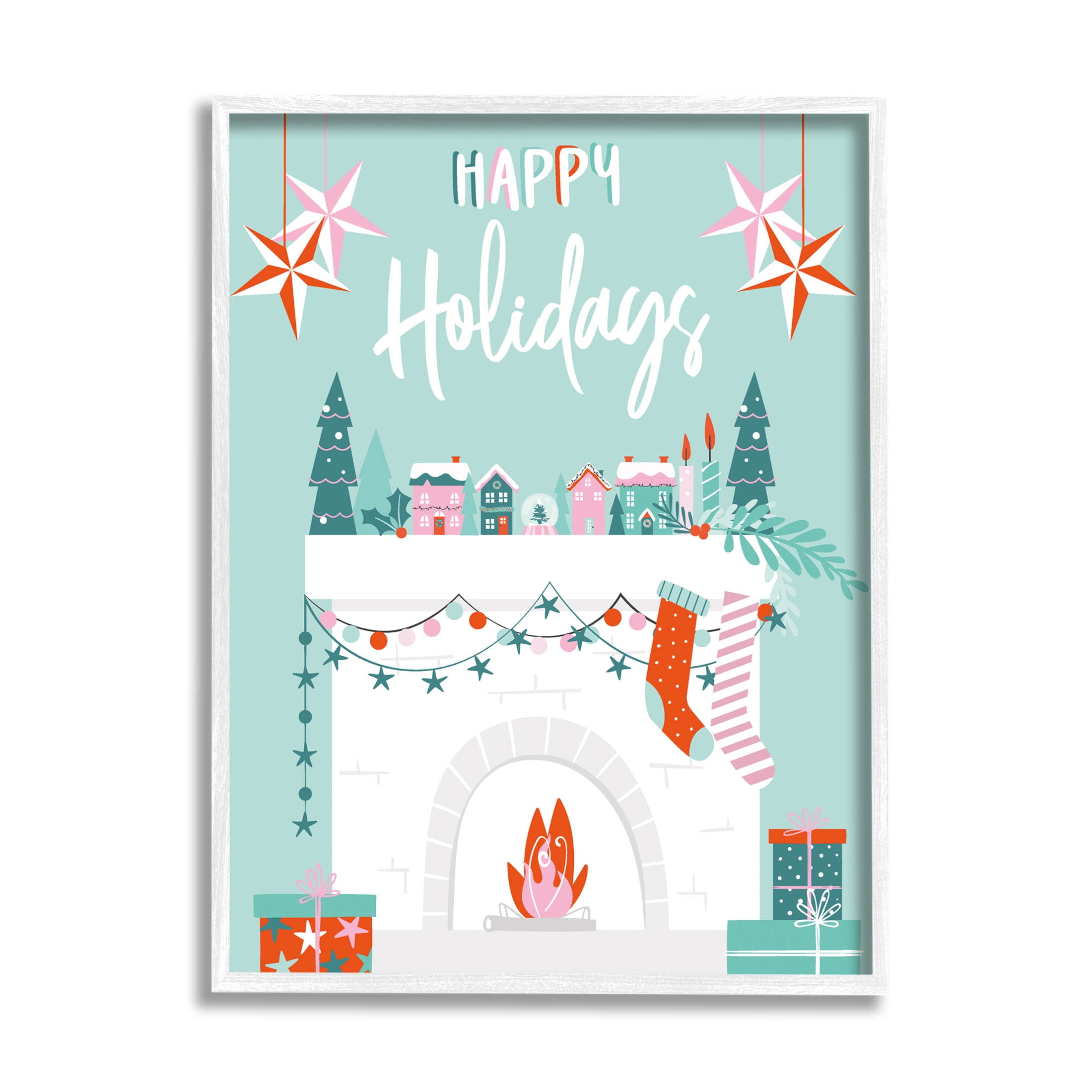 Happy Holidays Festive Mantle Stockings Holiday Graphic Art White Framed Art Print Wall Art