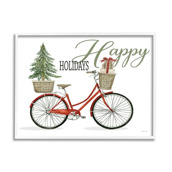 Happy Holidays Festive Red Bicycle Presents Basket Inspirational Graphic Art Framed Art Print Wall Art