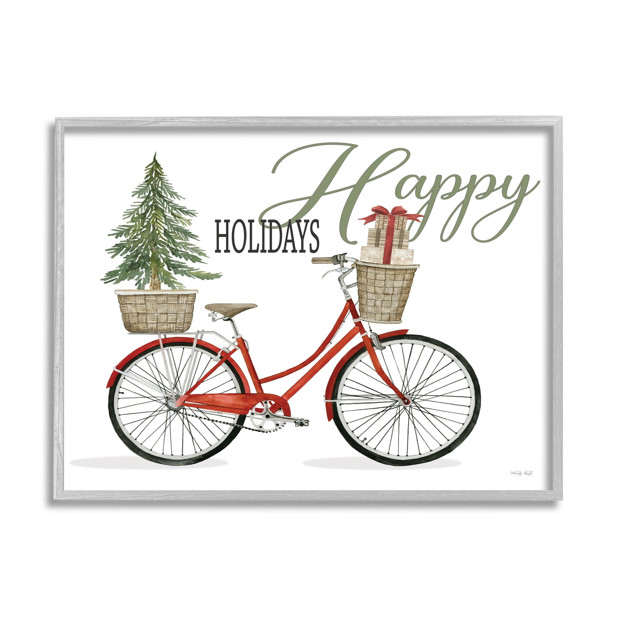 Happy Holidays Festive Red Bicycle Presents Basket Inspirational Graphic Art Framed Art Print Wall Art