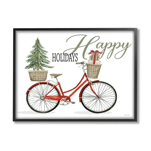 Happy Holidays Festive Red Bicycle Presents Basket Inspirational Graphic Art Framed Art Print Wall Art