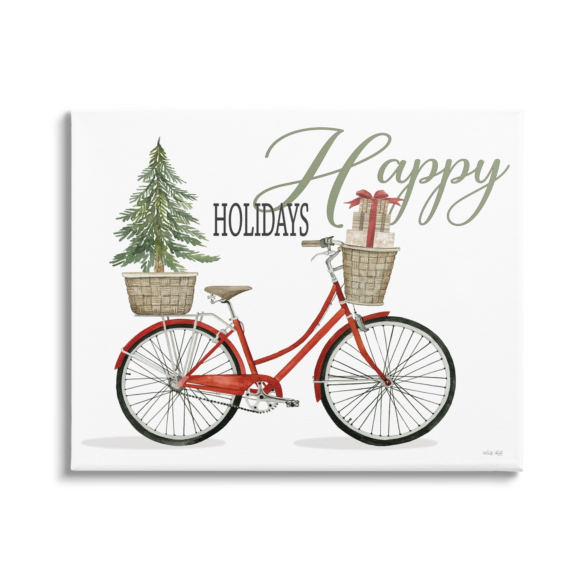 Happy Holidays Festive Red Bicycle Presents Basket Inspirational Graphic Art Gallery-Wrapped Canvas Print Wall Art