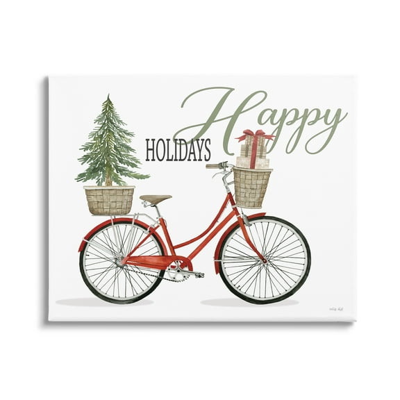 Happy Holidays Festive Red Bicycle Presents Basket Inspirational Graphic Art Gallery-Wrapped Canvas Print Wall Art