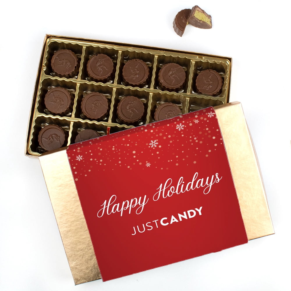 Happy Holidays Gold Gift Box Filled With 15 Dubai Milk Chocolate Truffles For Favors, Gifting & More