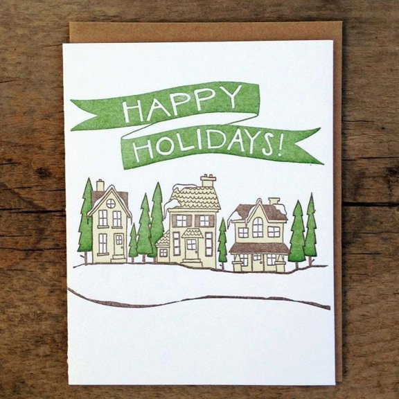 Happy Holidays Greeting Card – Charming Illustration of Cozy Home Scene – Blank Inside, Perfect for Seasonal Greetings and Well Wishes