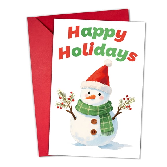 Happy Holidays Greeting Card with Snowman Design – Festive Blank Inside Card for Seasonal Greetings – Includes Red Envelope