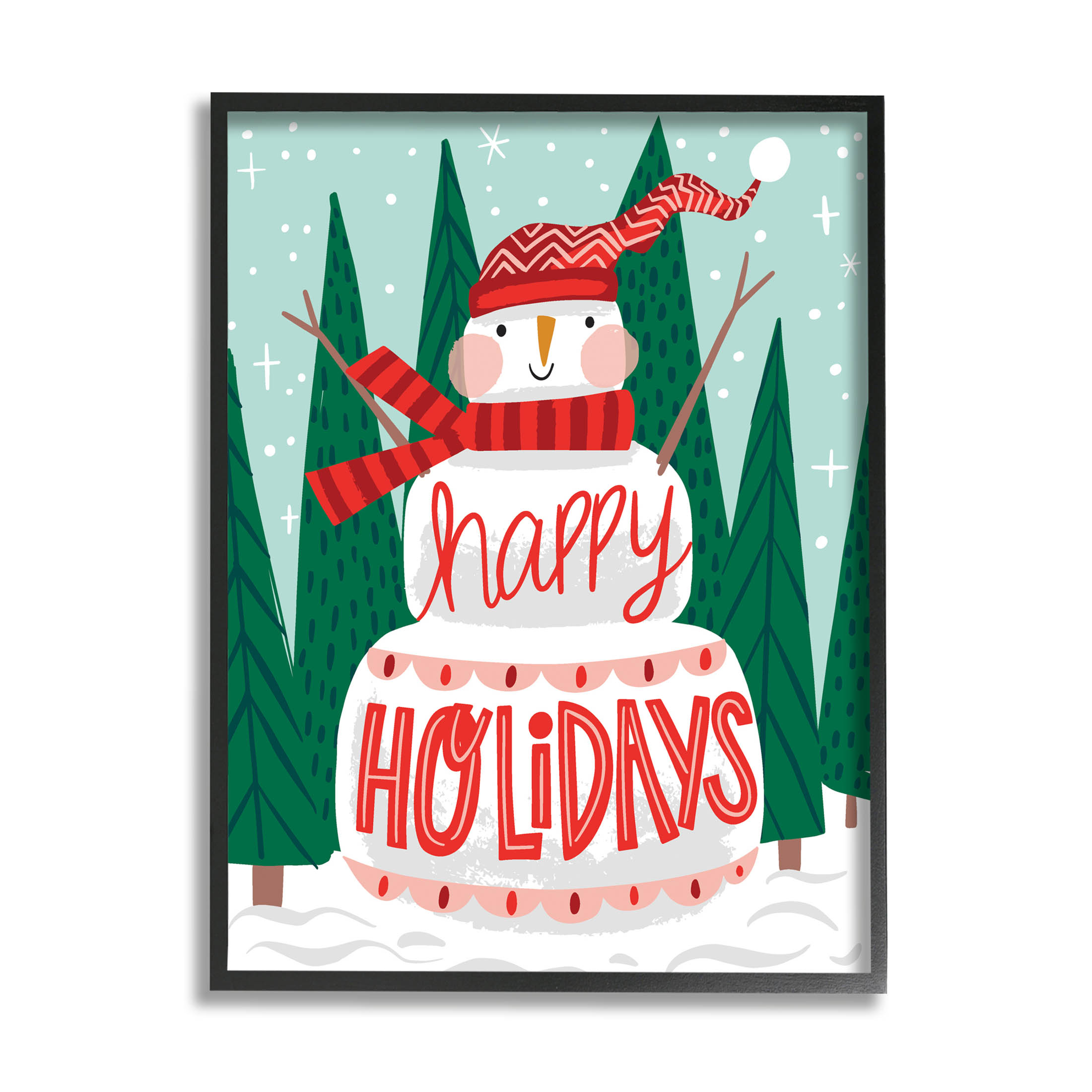 Happy Holidays Happy Snowman Holiday Graphic Art Black Framed Art Print Wall Art
