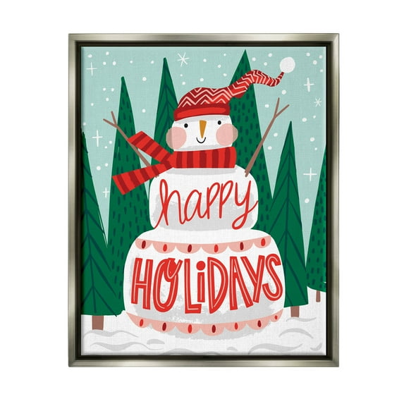 Happy Holidays Happy Snowman Holiday Graphic Art Luster Gray Framed Art Print Wall Art