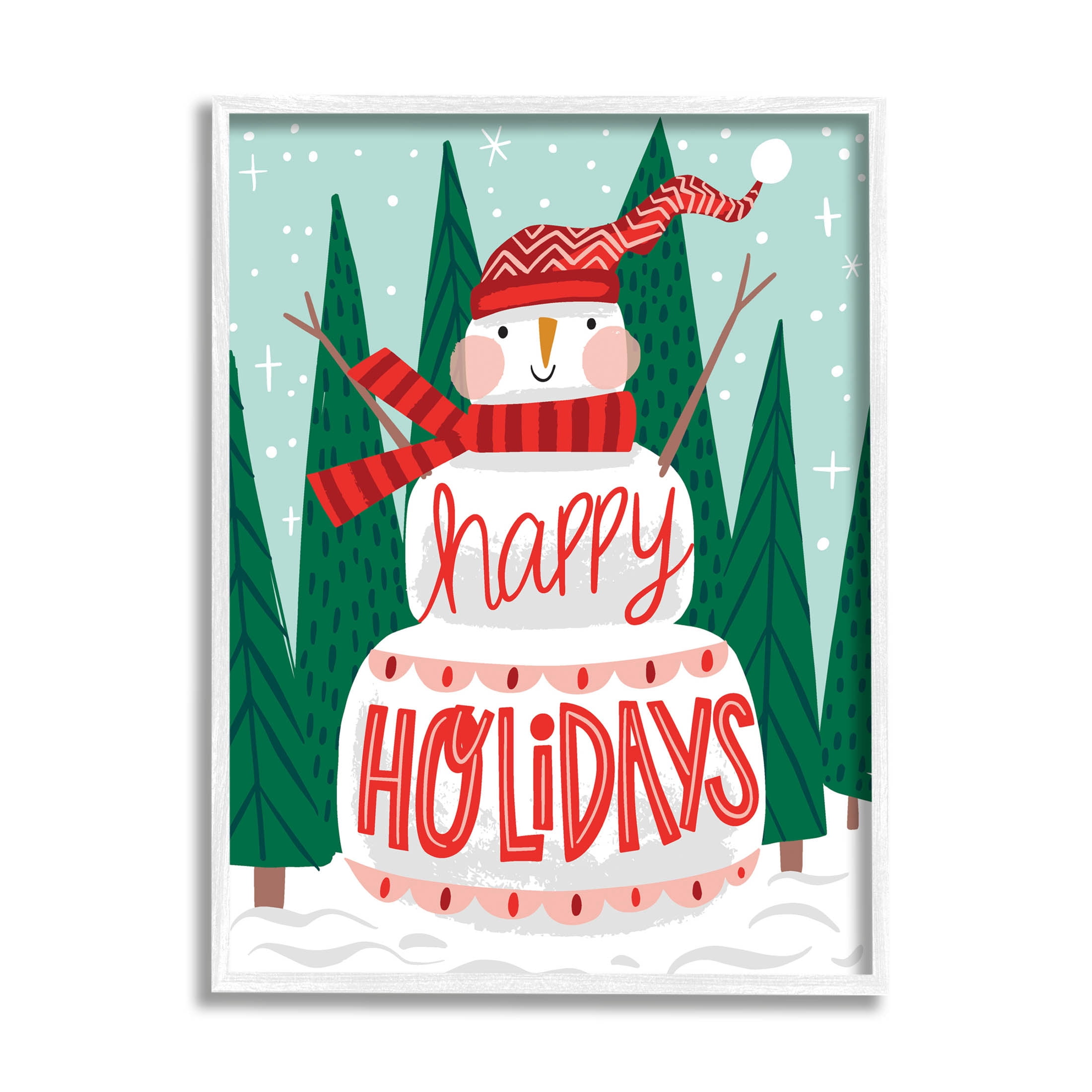 Happy Holidays Happy Snowman Holiday Graphic Art White Framed Art Print Wall Art