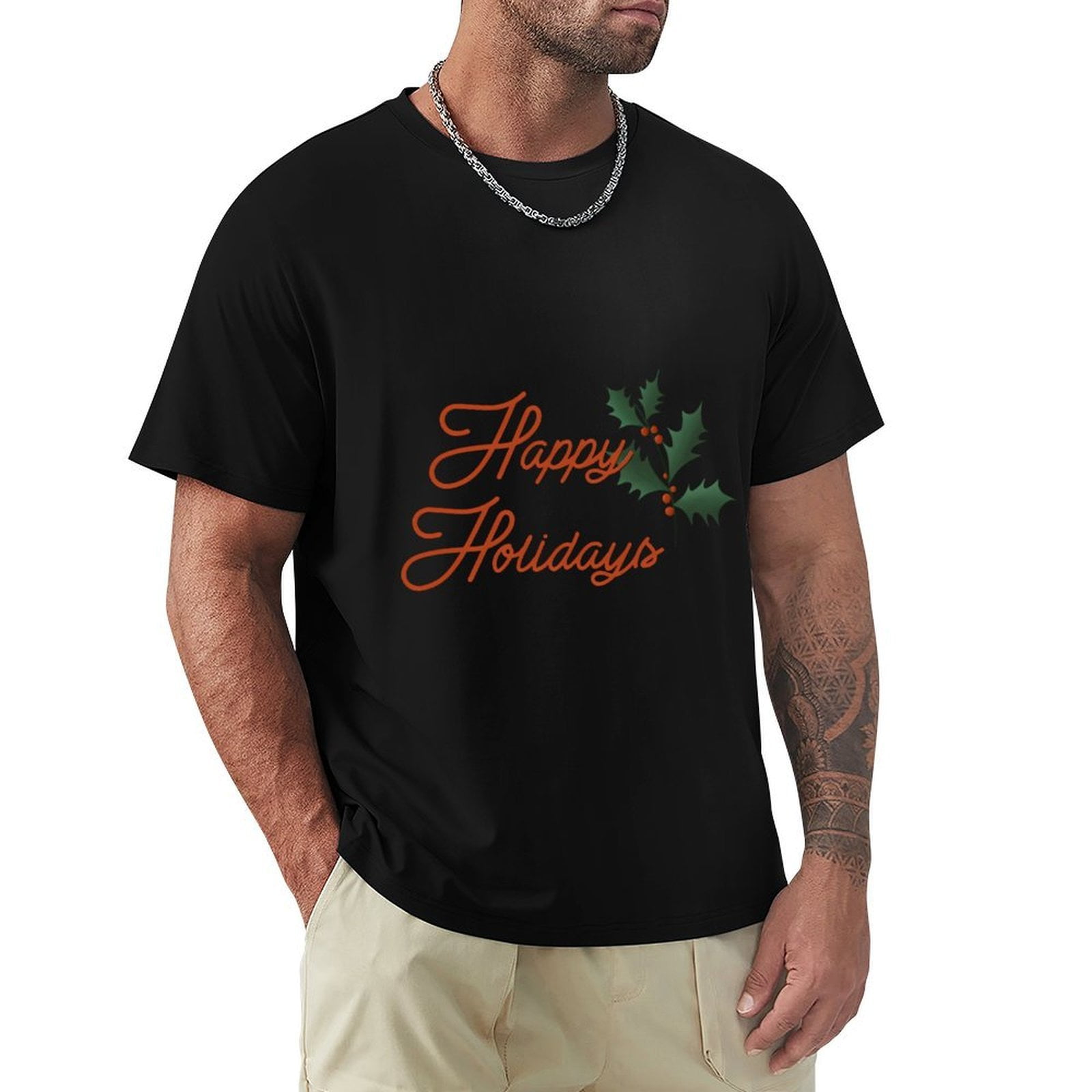 Happy Holidays Men's Cotton HD Print Short Sleeve T-Shirt Crew Neck Top ...