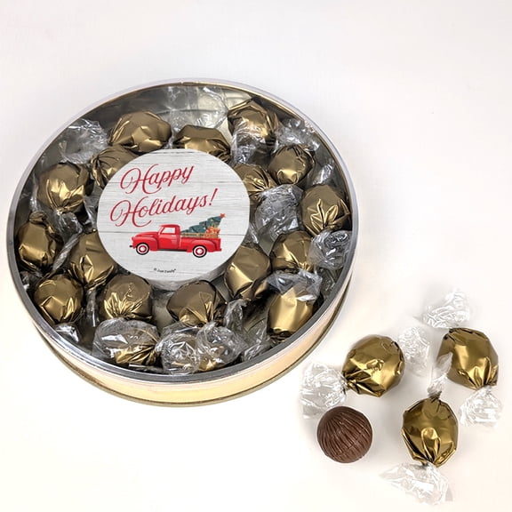 Happy Holidays Red Truck Gift Tin Filled With Milk Chocolate Dubai Truffle Candies For Christmas Gifting, Holiday Party Giveaways & More (22 Truffles)