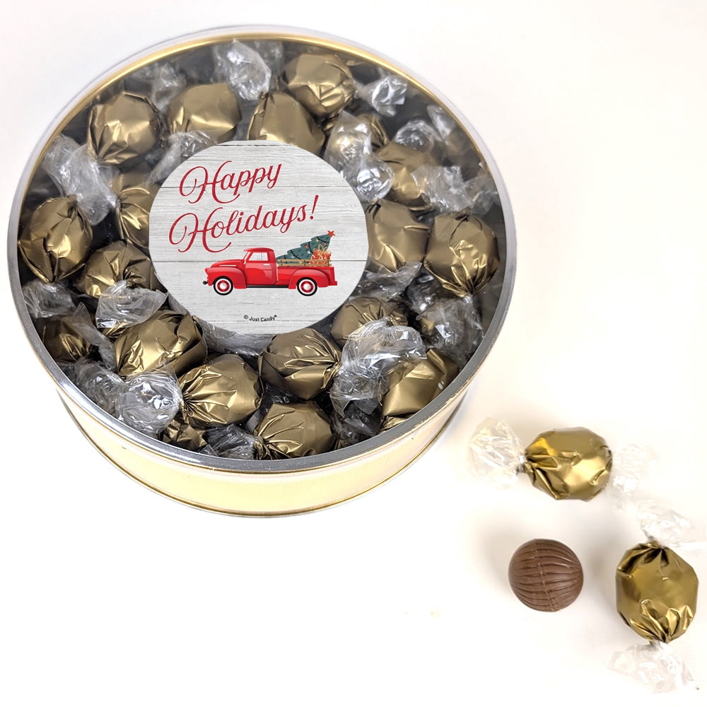 Happy Holidays Red Truck Gift Tin Filled With Milk Chocolate Dubai Truffle Candies For Christmas Gifting, Holiday Party Giveaways & More (42 Truffles)