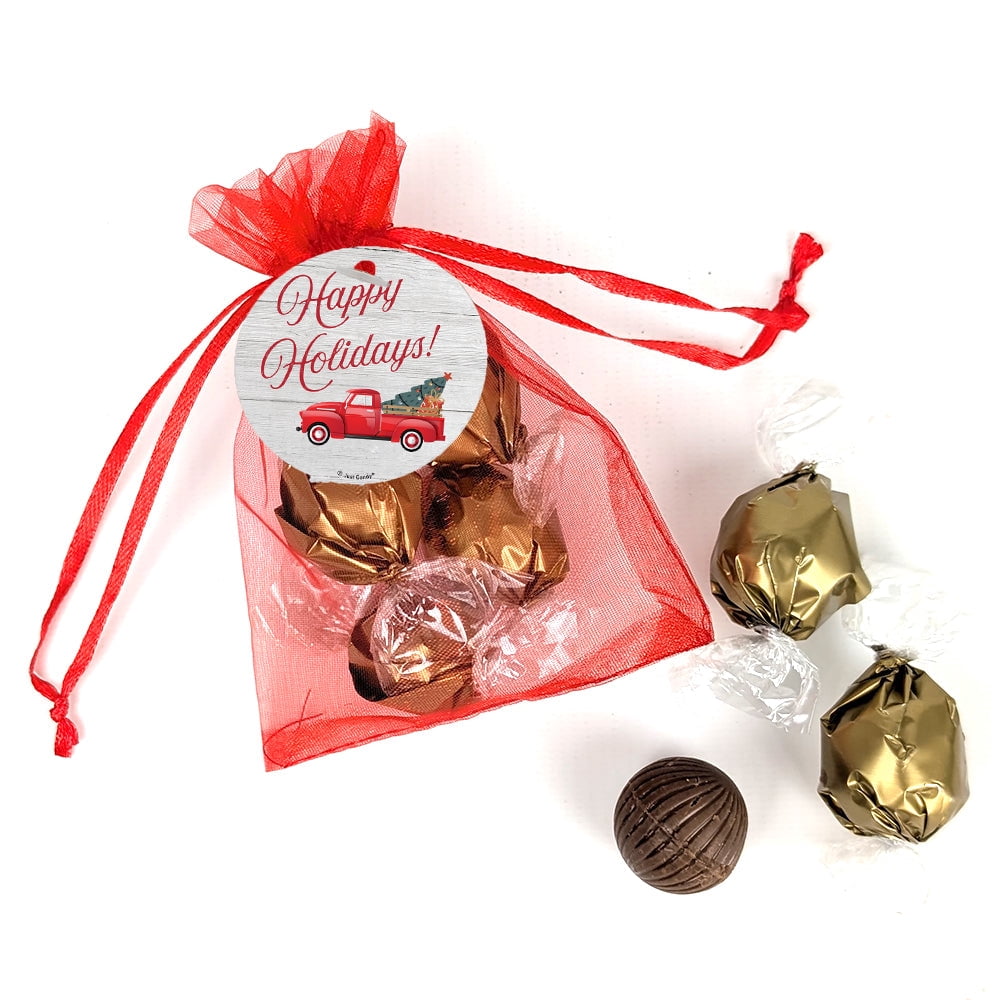 Happy Holidays Red Truck Red Organza Bag Favor Filled With Milk Chocolate Dubai Truffles For Gifting, Holiday Favors, Party Giveaways & More (24 Pack)