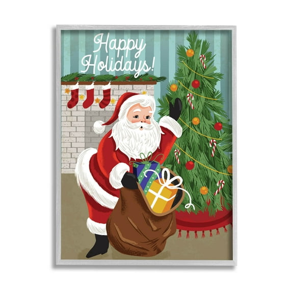 Happy Holidays Santa Gift Bag Holiday Graphic Art Gray Framed Art Print Wall Art
