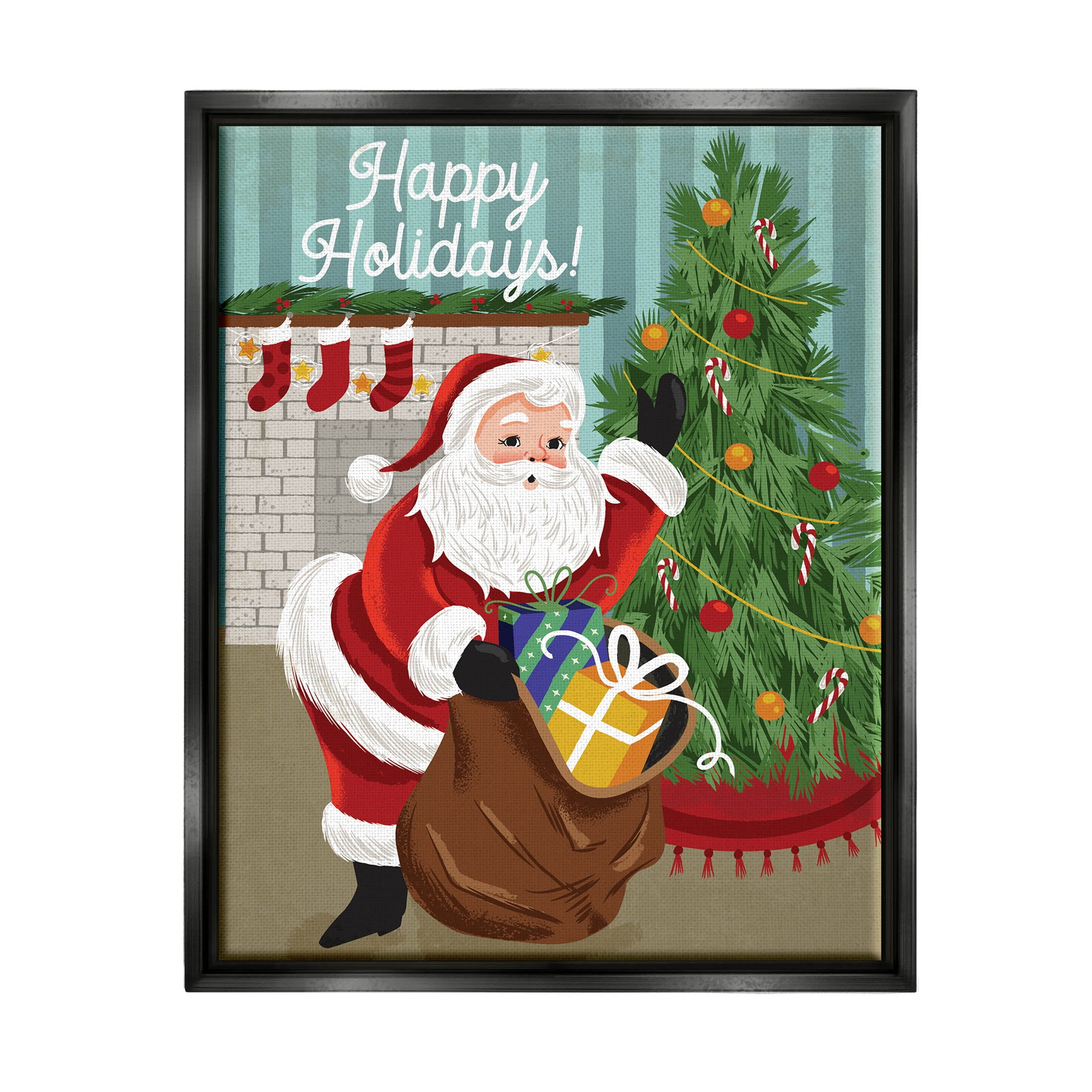 Happy Holidays Santa Gift Bag Holiday Graphic Art Jet Black Framed Art Print Wall Art