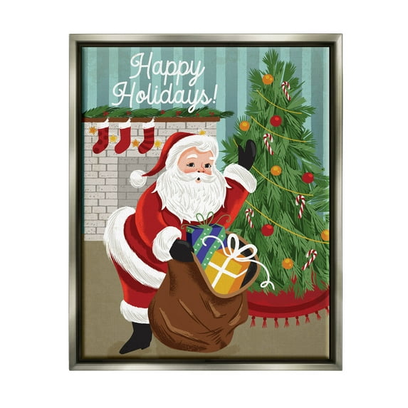 Happy Holidays Santa Gift Bag Holiday Graphic Art Luster Gray Framed Art Print Wall Art