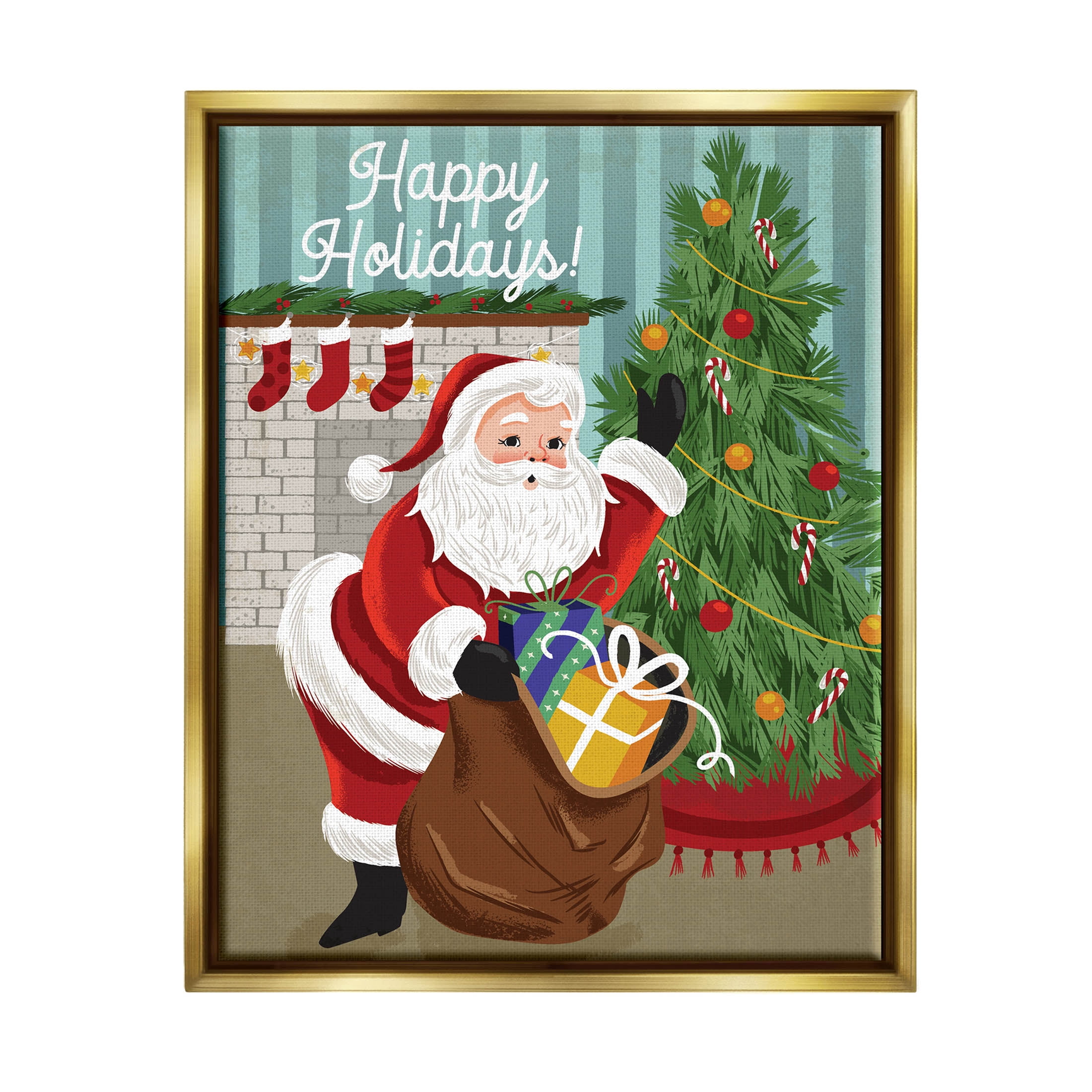 Happy Holidays Santa Gift Bag Holiday Graphic Art Metallic Gold Framed Art Print Wall Art