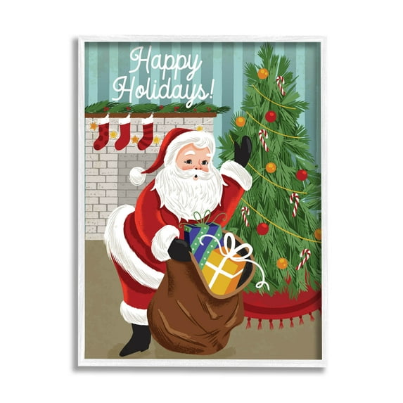 Happy Holidays Santa Gift Bag Holiday Graphic Art White Framed Art Print Wall Art