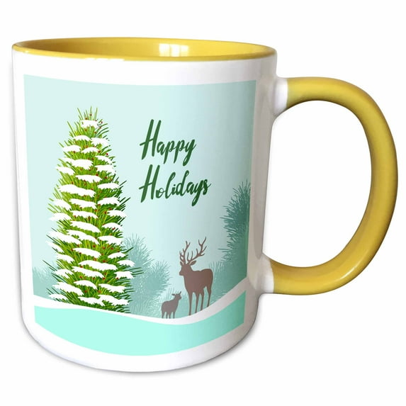 3drose, Happy Holidays. Snow-covered Trees and Deers in the Winter Forest, 11oz Two-tone Yellow Mug