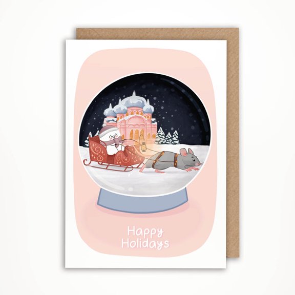 Happy Holidays Snow Globe Greeting Card Cute Santa and Mouse Design Blank Inside with Envelope Perfect for Winter Greetings and Seasonal Celebrations