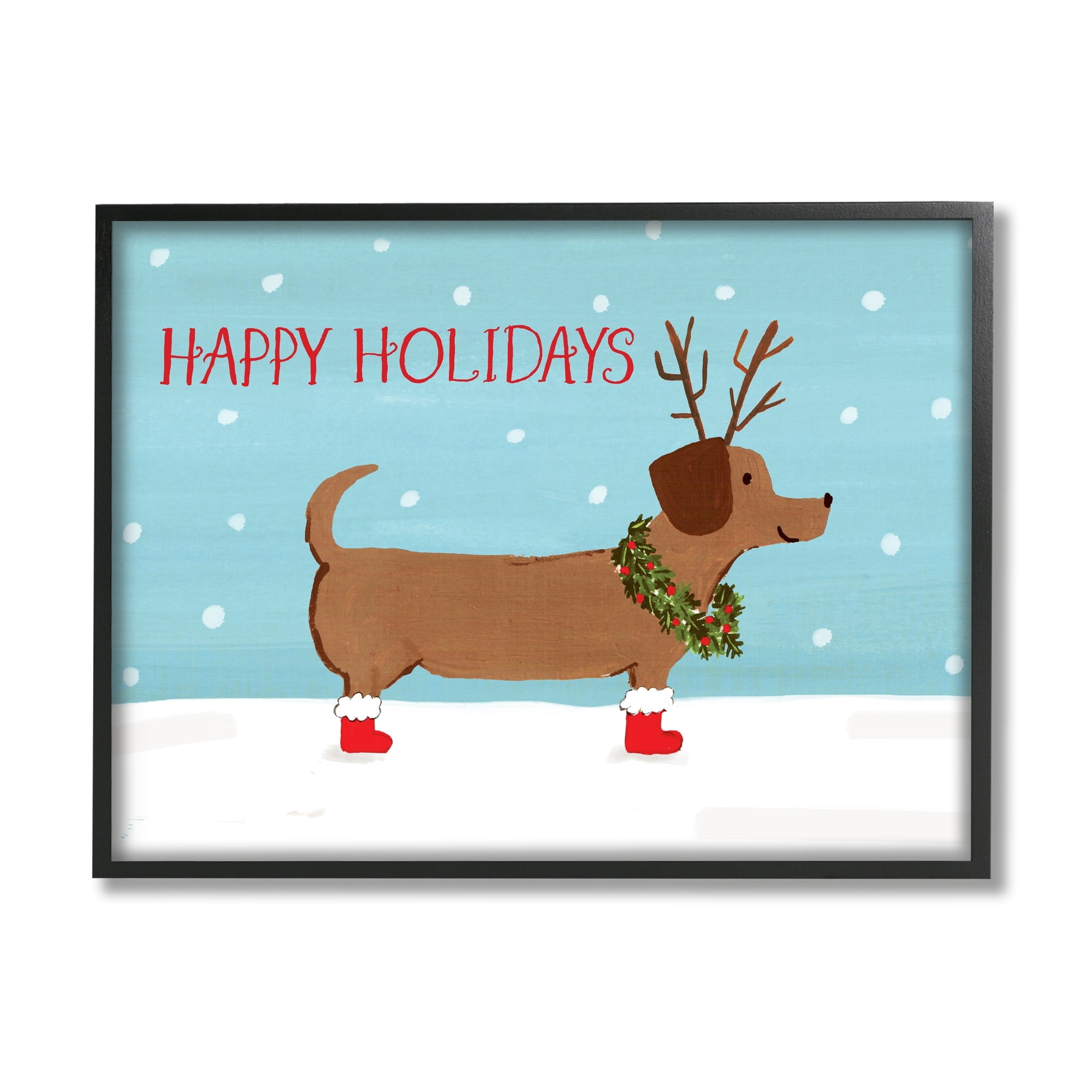 Happy Holidays Text Dog Wearing Antlers Snow Scene Animals & Insects Painting Framed Art Print Wall Art