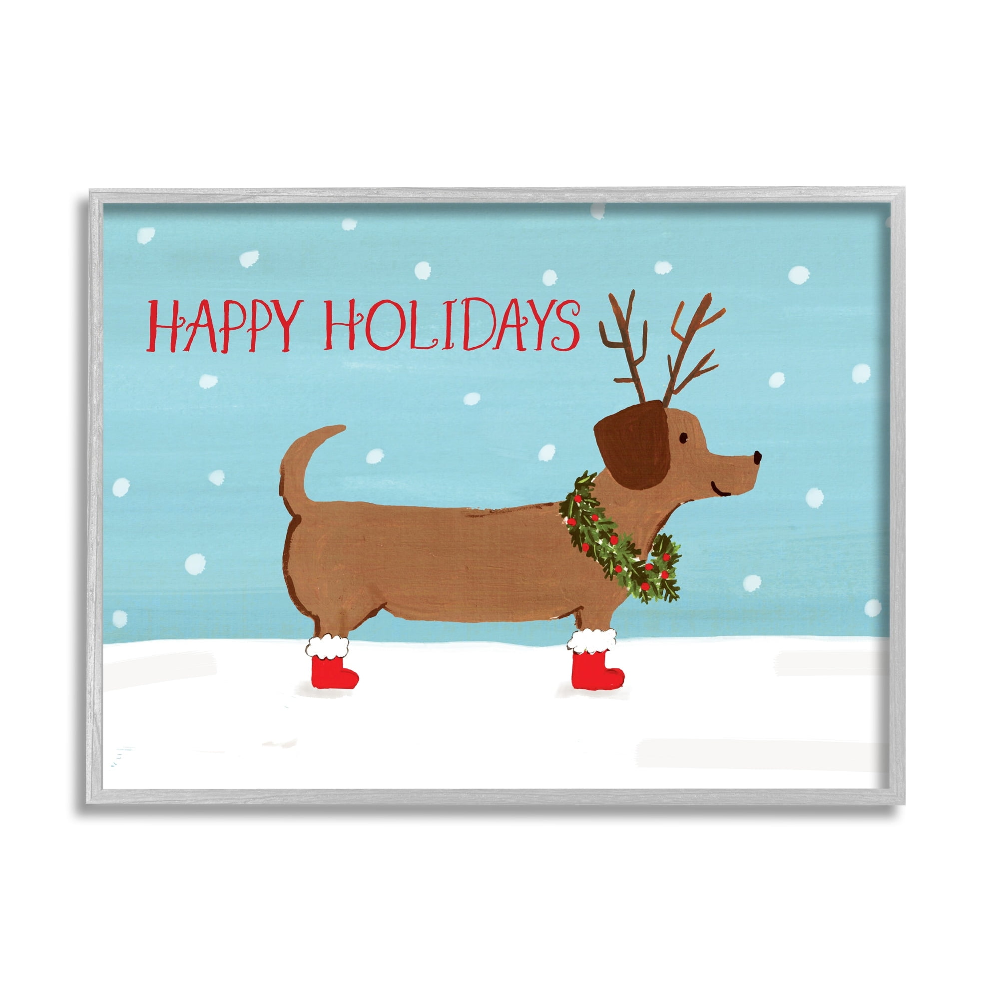 Happy Holidays Text Dog Wearing Antlers Snow Scene Animals & Insects Painting Framed Art Print Wall Art