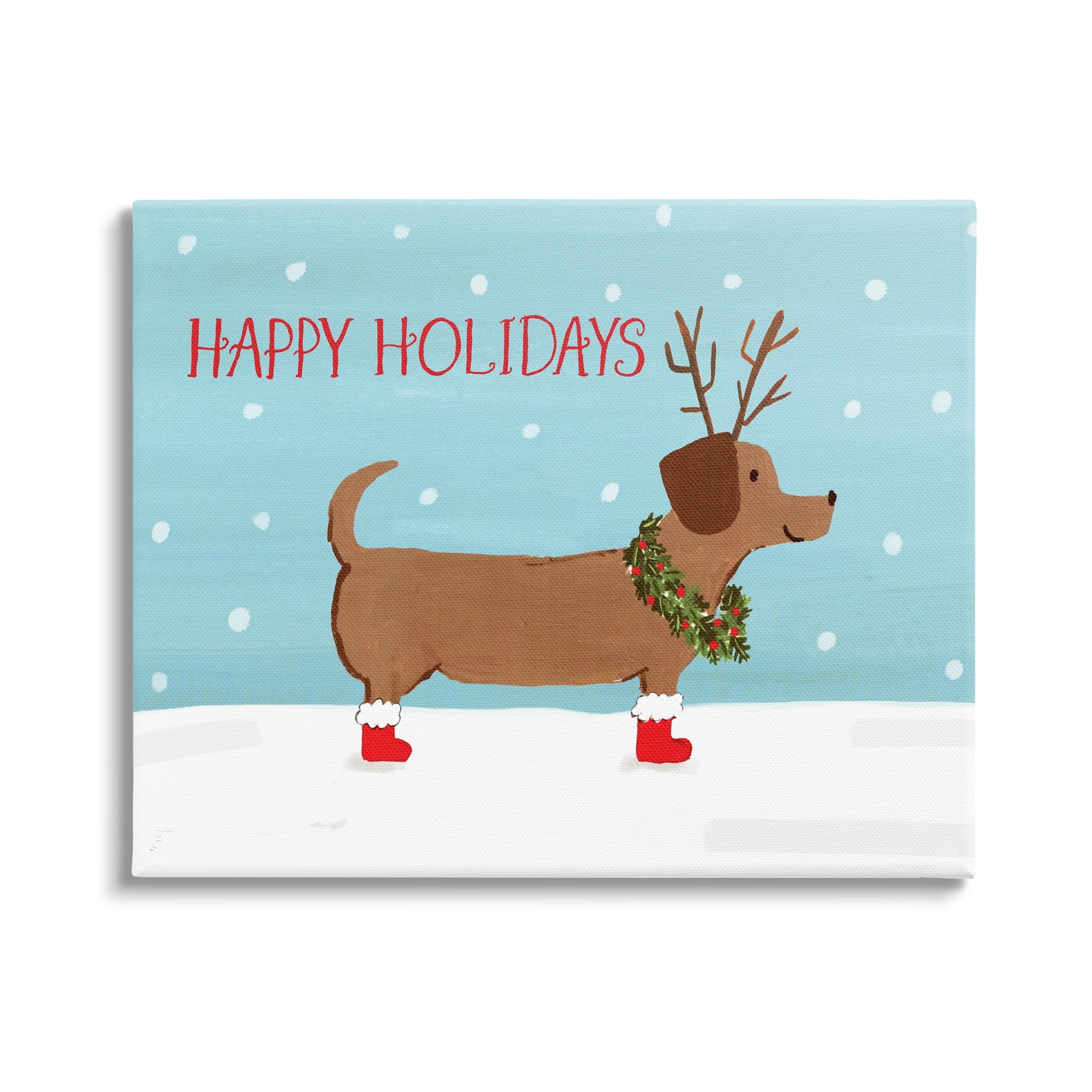 Happy Holidays Text Dog Wearing Antlers Snow Scene Animals & Insects Painting Gallery-Wrapped Canvas Print Wall Art