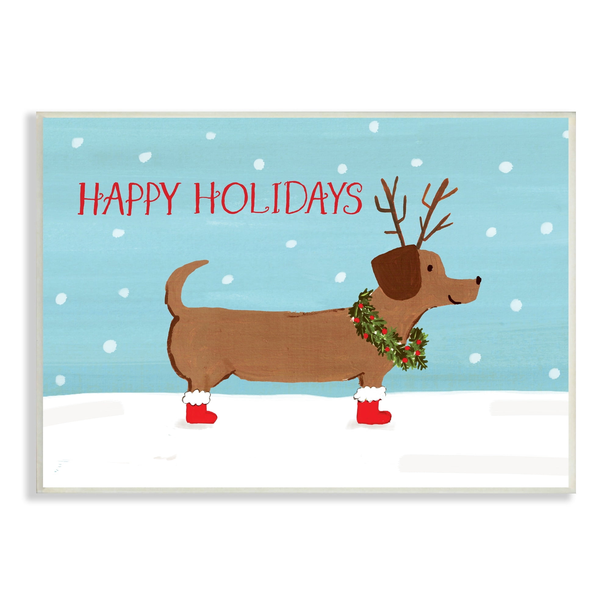 Happy Holidays Text Dog Wearing Antlers Snow Scene Animals & Insects Painting Unframed Art Print Wall Art