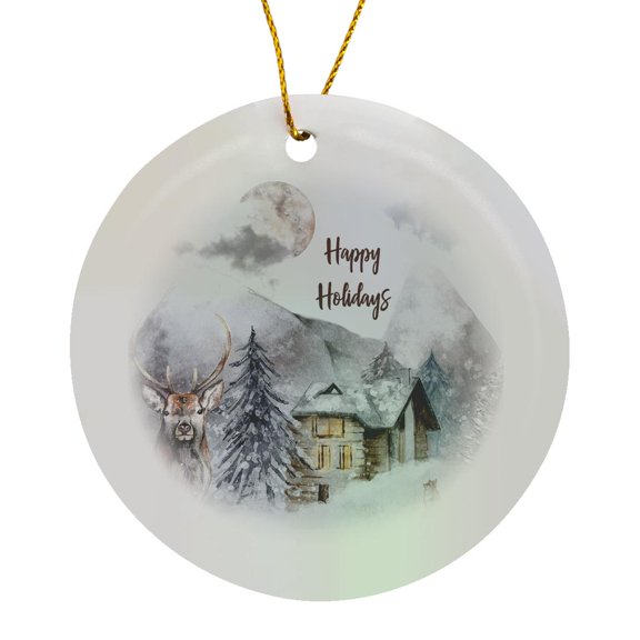3drose, Happy Holidays Winter Landscape with a House, Deer, Fox, Mountains, Circle Porcelain Ornament